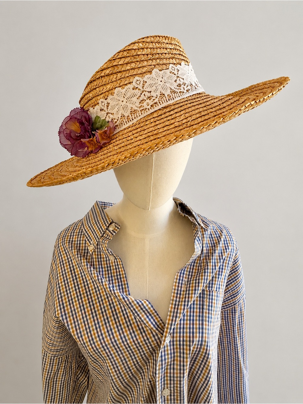 Vintage Straw Sun Hat Lace Floral Boater Wide Brim Cottagecore Prairie Tea Party